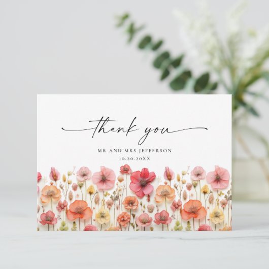 Elegante Pastel Pink Bohemisch Field Wildblume Dankeskarte (Stehend Vorderseite)