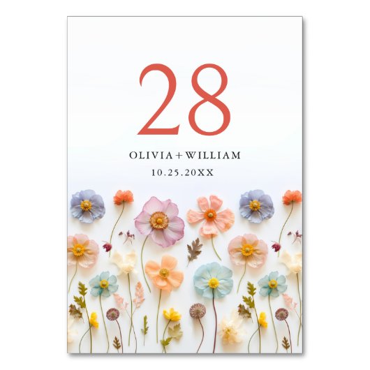 Elegante Pastel Pink Bohemische Wildblume Hochzeit Tischnummer (Vorderseite)