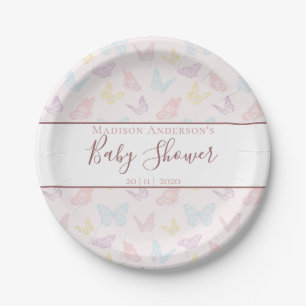 Elegante Pastel Pink Butterfly Pattern Babydusche Pappteller