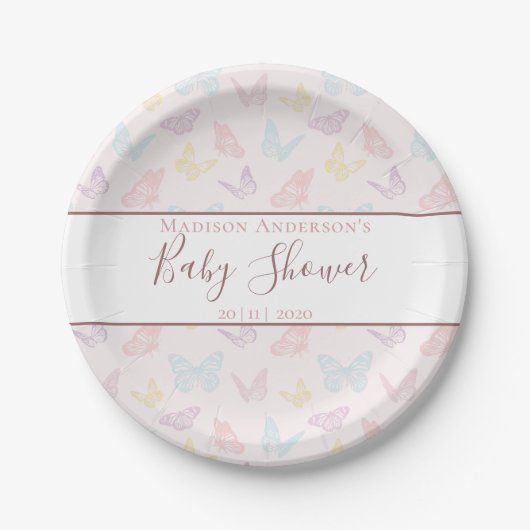 Elegante Pastel Pink Butterfly Pattern Babydusche Pappteller (Vorderseite)