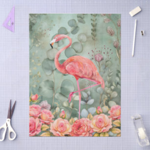 Elegante Pastel Pink Flamingo & Rose Decoupage Seidenpapier