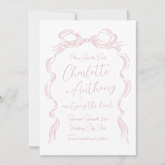 Elegante Pastel Pink Hand Drawn Bow Save The Date (Vorderseite)