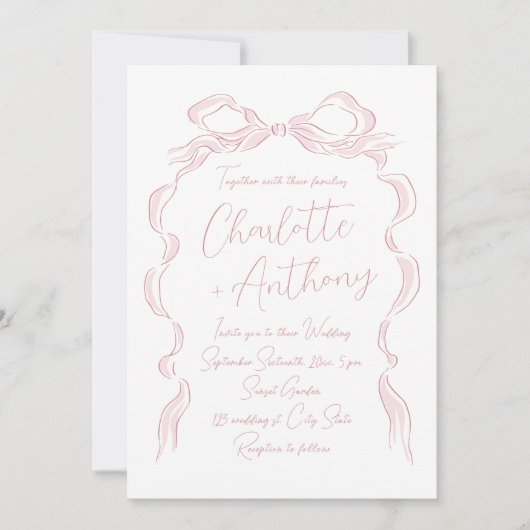 Elegante Pastel Pink Hand Drawn Bow Wedding Einladung (Vorderseite)