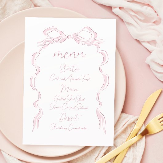 Elegante Pastel Pink Hand Drawn Bow Wedding Menükarte