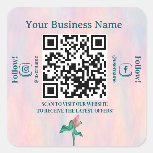 Elegante Pastel QR Code Website Business Quadratischer Aufkleber (Vorderseite)