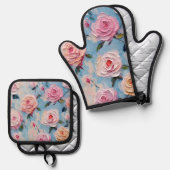 Elegante Pastel Watercolor Blume Ofenhandschuh & Topflappen-Set (Vorderseite/Rückseite)