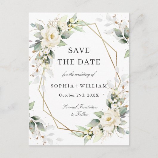 Elegante Pastel White Roses Wedding Save the Date Postkarte (Vorderseite)