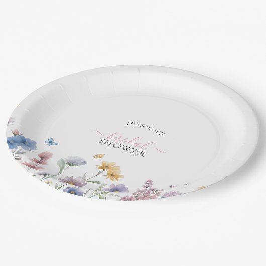 Elegante Pastel Wildblumen Grünes Brautparty Pappteller (Schrägansicht)