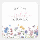 Elegante Pastel Wildblumen Grünes Brautparty Quadratischer Aufkleber (Vorderseite)