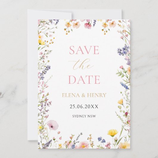Elegante Pastel-Wildblumen Hochzeitssache Datum sp Einladung (Vorderseite)