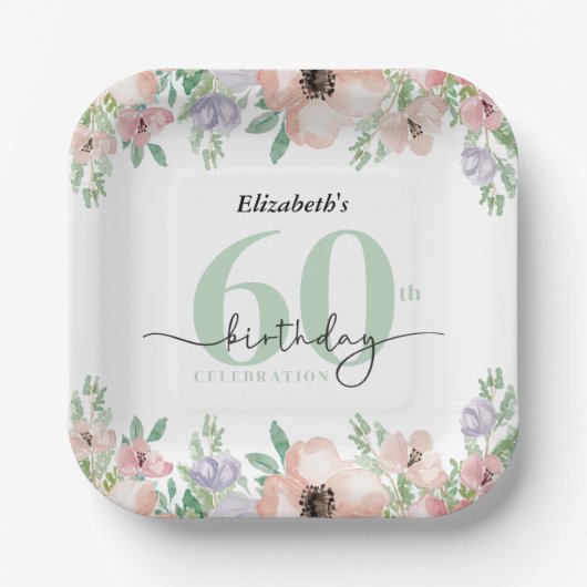 Elegante Pastell-Blumen-60.-Geburtstagsfeier Pappteller (Vorderseite)