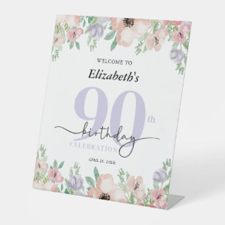 Elegante Pastell-Blumen 90. Geburtstagsfeier Willk Sockelschild