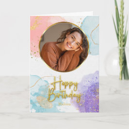 Elegante Pastell-Gold-Schrift Kreis Foto Geburtsta Karte