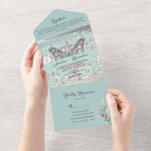 Elegante Pastell-Rosa Blau Florale Hochzeit All In One Einladung