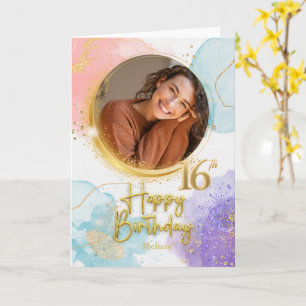Elegante Pastell- und Gold-Foto-Name 16. Geburtsta Karte