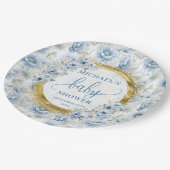 Elegante pastellblaue Blumen Goldjunge Dusche Pappteller (Schrägansicht)