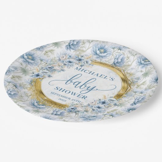 Elegante pastellblaue Blumen Goldjunge Dusche Pappteller (Schrägansicht)