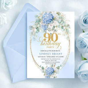 Elegante Pastellblaue Hortensien-Einladung zum 90. Einladung