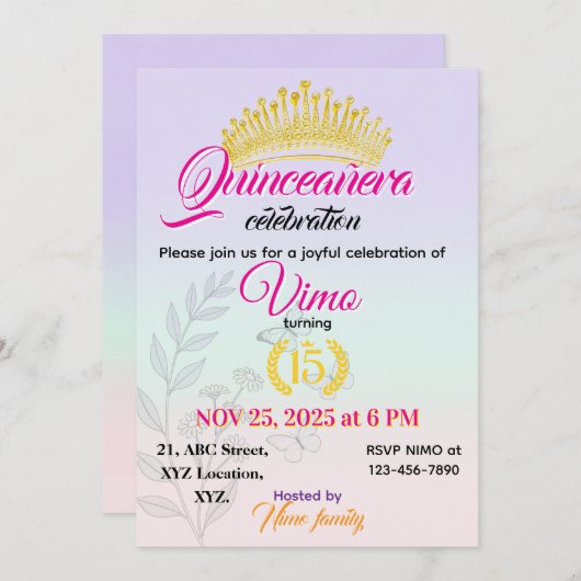 Elegante Pastellfarbene Botanische Quinceañera-Ein Einladung (Vorne/Hinten)