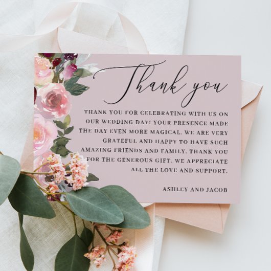 Elegante pastellfarbene rosa Blütenhochzeit Dankeskarte