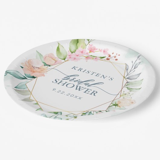 Elegante pastellfarbene Wasserfarbe Geometrische H Pappteller (Schrägansicht)