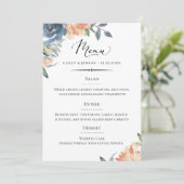 Elegante Peach and Blue Botanical Wedding Menükarte (Stehend Vorderseite)