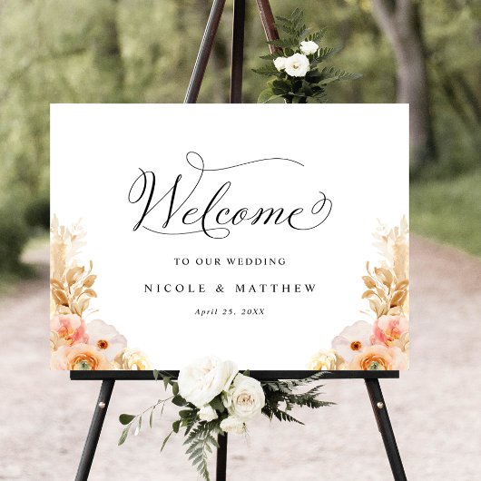 Elegante Peach Delight Floral Wedding Welcome Sign Poster