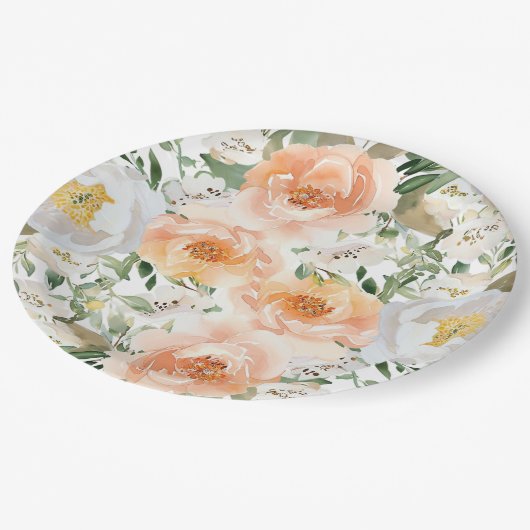 Elegante Peach Floral Baby Bloom Girl Babydusche Pappteller (Schrägansicht)