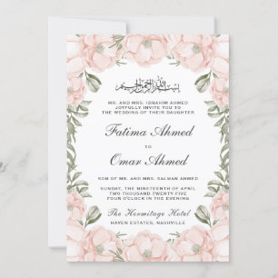 Elegante Peach Floral Blätter Islamische Hochzeit Einladung