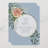 Elegante Peach floral Dusty Blue Wedding Einladung (Vorne/Hinten)
