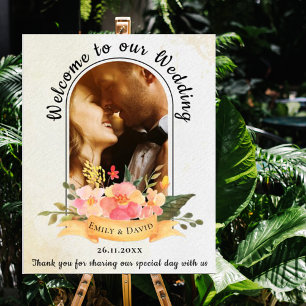 Elegante Peach Floral Foto Arch Wedding Willkommen Poster