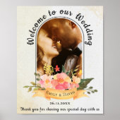 Elegante Peach Floral Foto Arch Wedding Willkommen Poster (Vorne)