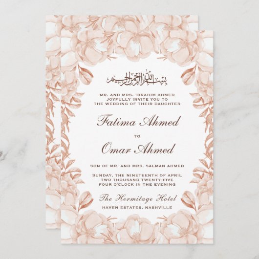 Elegante Peach Floral Islamische Hochzeit Einladung (Vorne/Hinten)