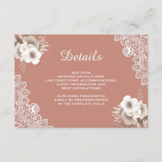 Elegante Peach floral Lace Hochzeitdetails Begleitkarte (Vorderseite)