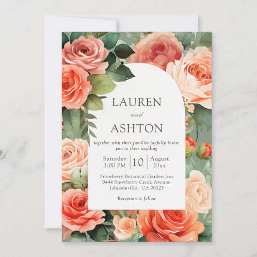 Elegante Peach Floral Rose Hochzeit Einladung (Vorderseite)