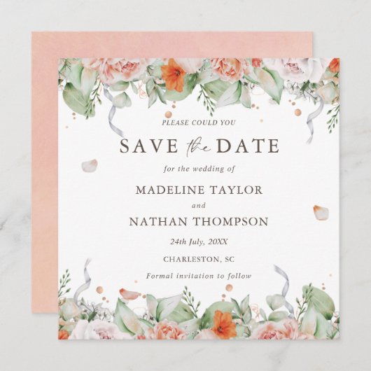 Elegante Peach Floral Wasserfarbe Save the Date (Vorne/Hinten)