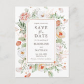 Elegante Peach Floral Wasserfarbe Save the Date Ankündigungspostkarte (Vorderseite)