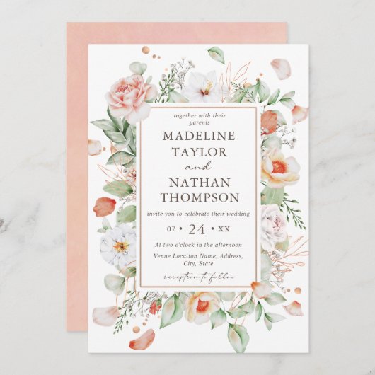 Elegante Peach Floral Water Border Wedding Einladung (Vorne/Hinten)