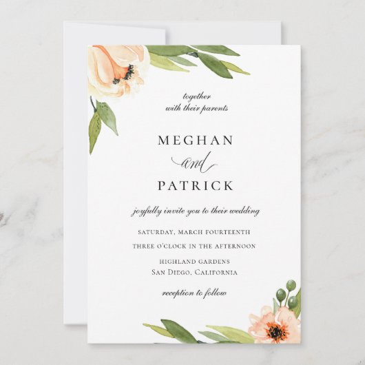 Elegante Peach Floral Wedding Einladung (Vorderseite)