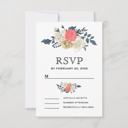 Elegante Peach Floral Wedding RSVP Karte (Vorderseite)