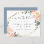 Elegante Peach Gold Floral Dusty Blue Save the Dat Ankündigung (Vorne/Hinten)