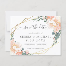 Elegante Peach Gold Floral Dusty Blue Save the Dat Ankündigung