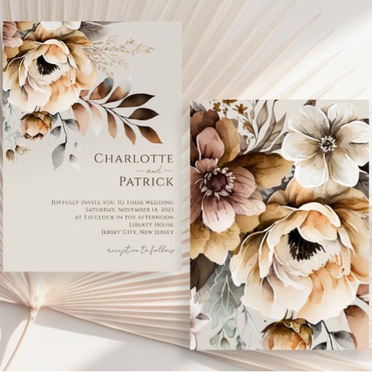 Elegante Peach Gray Brown Watercolor Floral Weddin Einladung