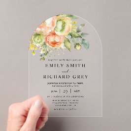 Elegante Peach & Greenery Blumenzehen Acryleinladungen