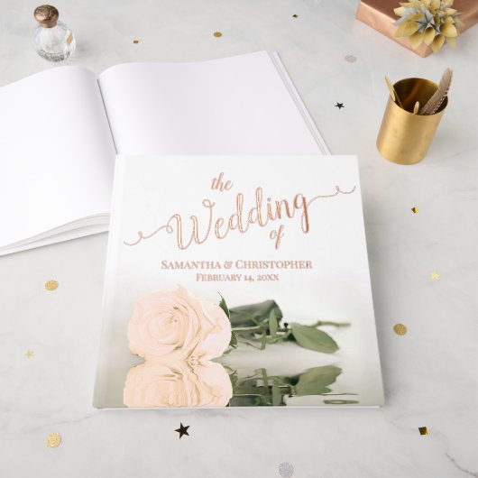 Elegante Peach Light Orange Rose Große Hochzeitsre Gästebuch (Vorderseite Offen)