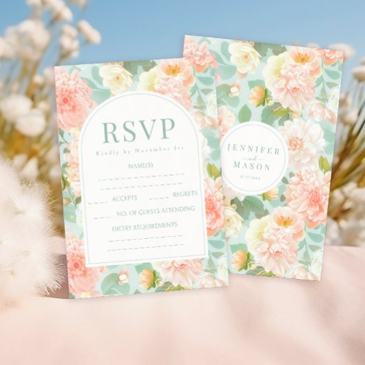 Elegante Peach Mint Aquamarine Blumenkarten Hochze RSVP Karte