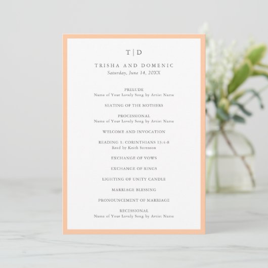 Elegante Peach Monogram Moderne Hochzeit Programm (Stehend Vorderseite)