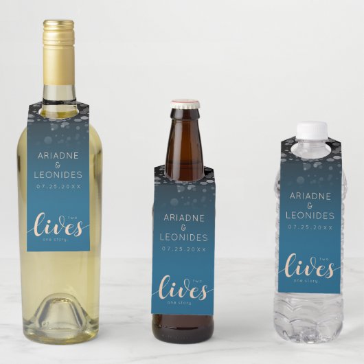 Elegante Peach Oceanic Blue Wedding 2 Lives 1 Stoc Flaschenanhänger (Beispiel)