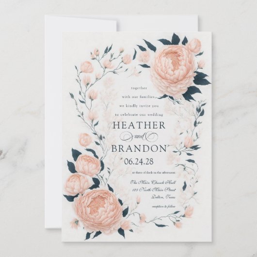Elegante Peach Peonies Blumenzange Hochzeit Einladung (Vorderseite)