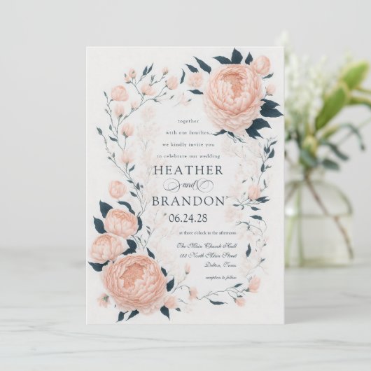 Elegante Peach Peonies Blumenzange Hochzeit Einladung (Stehend Vorderseite)